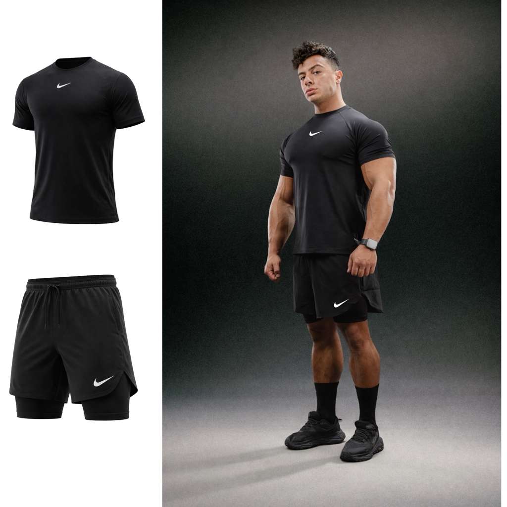 Set nike Black 2 pieces - طقم نايك اسود قطعتين تيشرت نص كم وشورت طبقتين